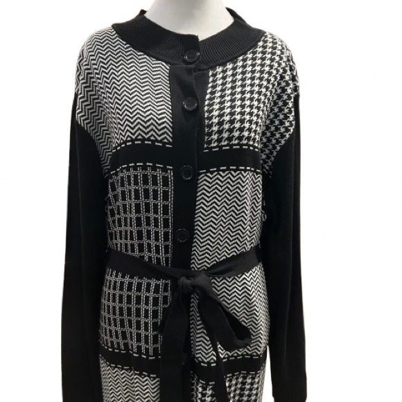 Alfred Dunner Black & White Geometric Knit Dress 1X Belted Office Chic Retro - Picture 2 of 11
